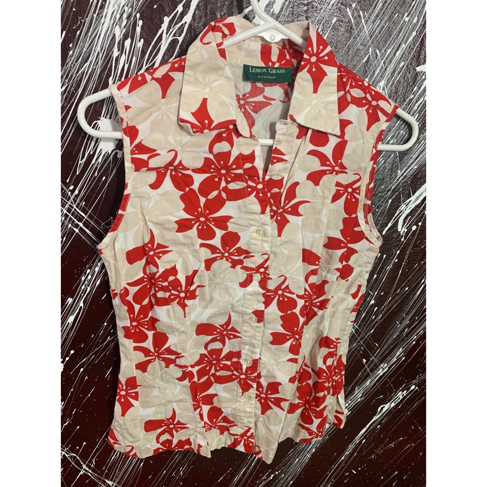 Vintage Lemon Grass Studio Red Floral Cotton Sleeveless Button Down Top Medium